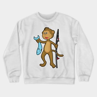 Monkey at Fishing with Fishing rod & Fish Crewneck Sweatshirt